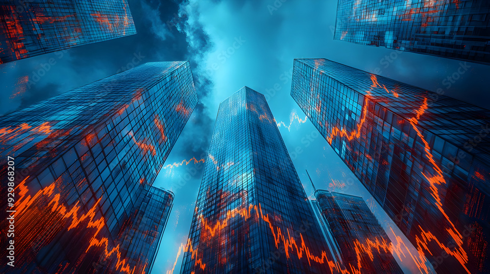 Poster futuristic cityscape with data visualization elements.