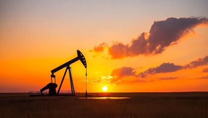 Oil well pumpjacks silhouetted against the setting sun in an oil field