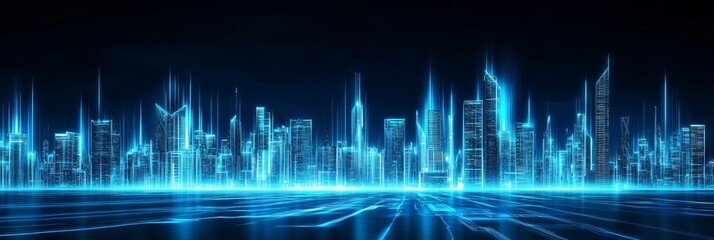 Futuristic digital cityscape with glowing blue lines forming buildings and streets, symbolizing smart cities