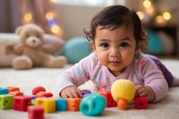 Obraz premium Cute baby girl playing with colorful blocks on white rug