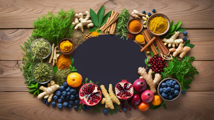 Herbs scattered on a rocking chair with spices and fruits placed on a wooden table.Generative AI