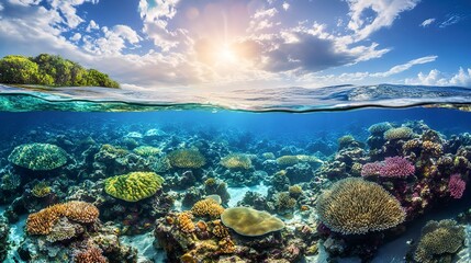 Fototapeta premium Explore the captivating marine haven of the Great Barrier Reef, where underwater photographers and ocean lovers delight in vibrant sea life. 