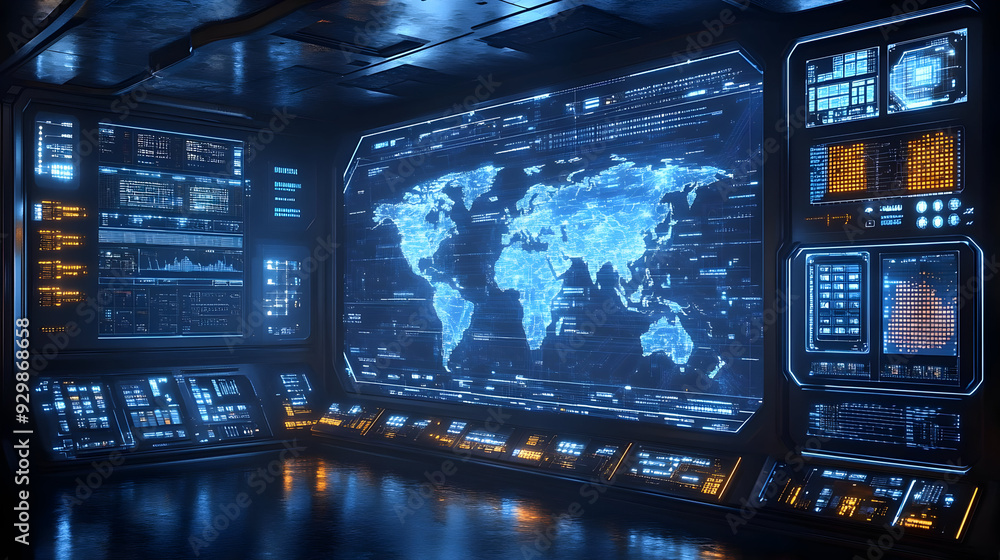 Poster futuristic control room with a digital world map display.
