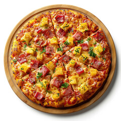 Flat lay a hawaiian pizza on isolated transparent background