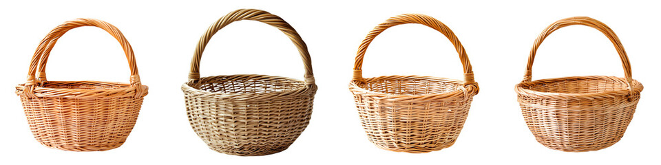 set of A wicker basket with a handle on a transparent background