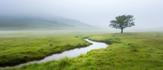  A solitary tree in the expansive grassy field, stream winding between it and distant mountain