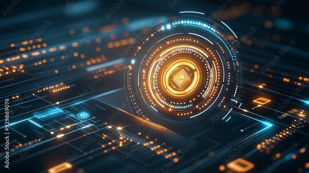 Poster A high-tech digital interface featuring a glowing circular core surrounded by intricate circuitry, representing advanced technology and innovation.