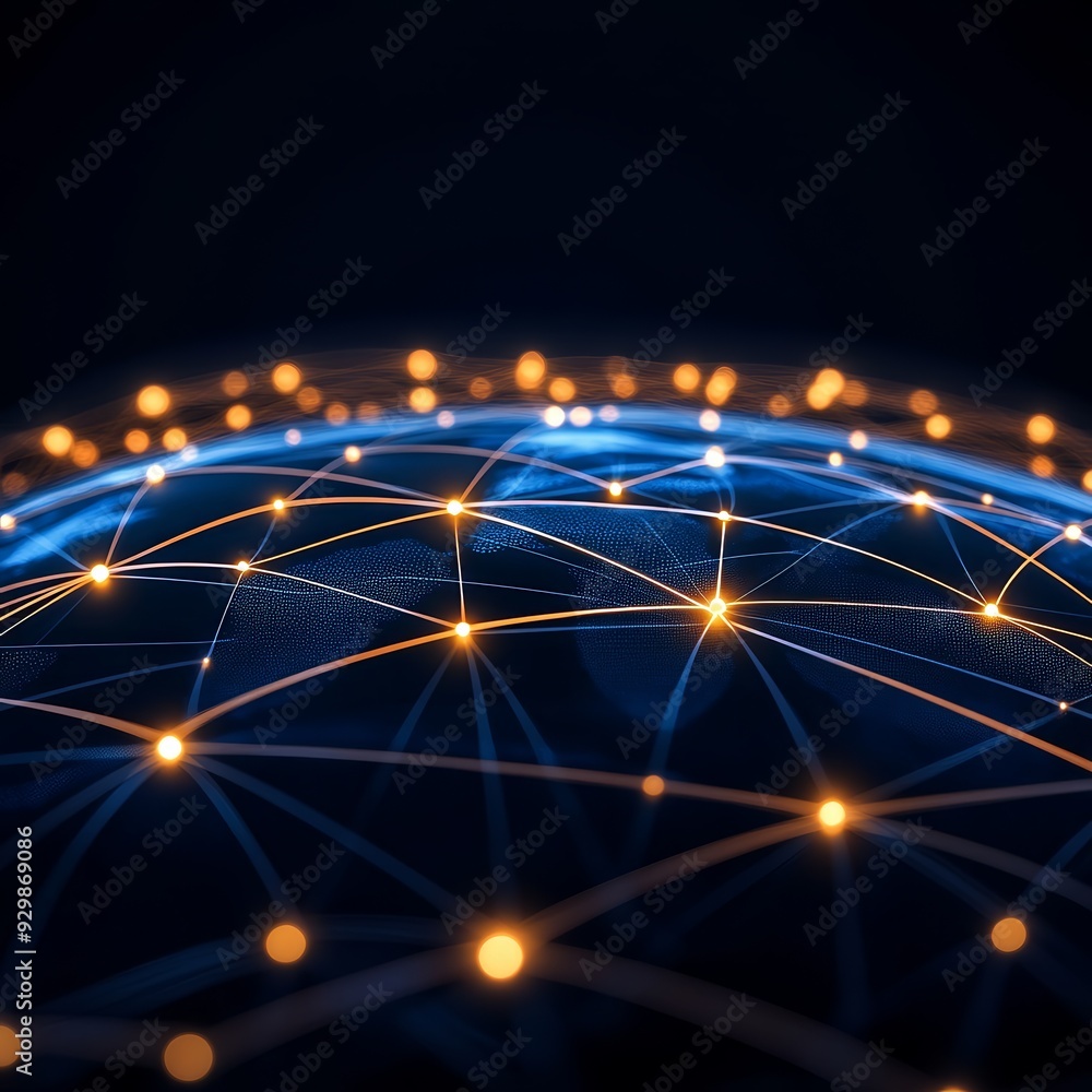 Poster a digital representation of a global network, with glowing points and lines forming a connected sphe