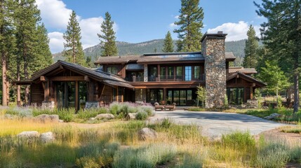 A wooden cabin with a stone chimney sits on a large property with green grass and trees surrounding it.