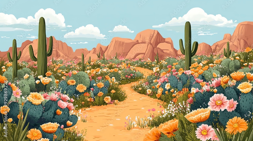 Sticker A blooming desert with flowers and cacti