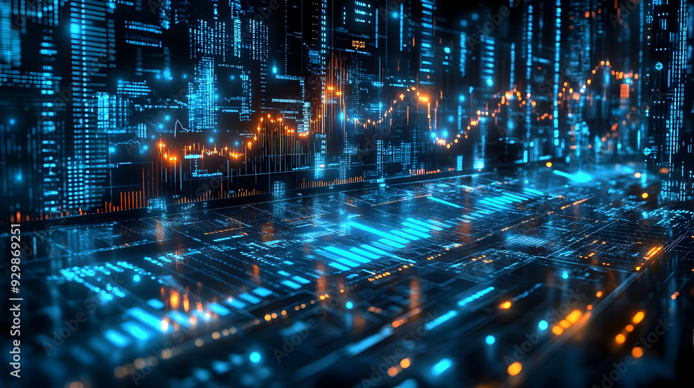 Poster futuristic digital landscape with glowing data visualization.