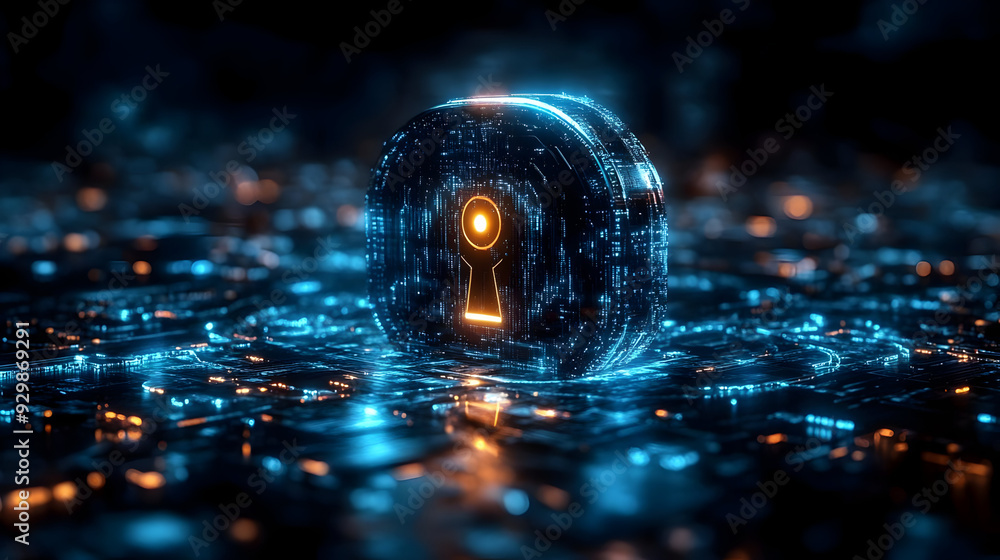 Poster futuristic digital lock symbolizing cybersecurity and data protection.