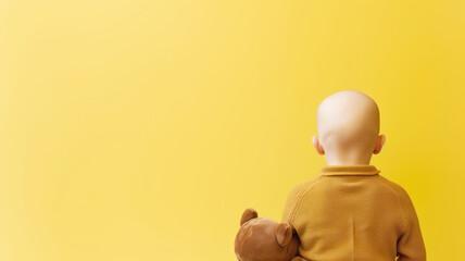 Back view of bald child after chemotherapy sitting with brown bear doll against yellow background , International Childhood Cancer Day