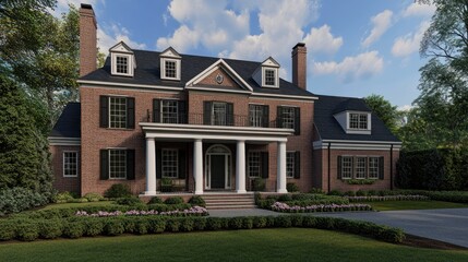 A red brick colonial house with white columns and a black roof, a driveway and landscaping in the front yard, with blue skies and clouds.