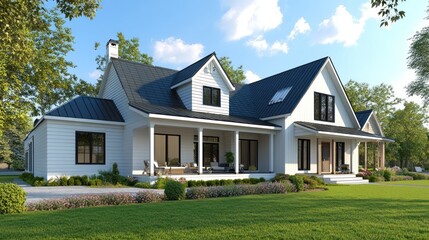 A white farmhouse with a black roof, a front porch, and a manicured lawn.