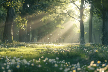 Obraz premium Sunlight filters through trees, illuminating wildflowers in a peaceful forest