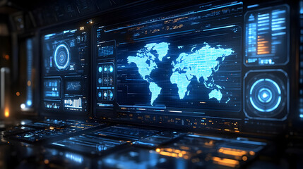 Futuristic interface displaying a world map and data analytics.