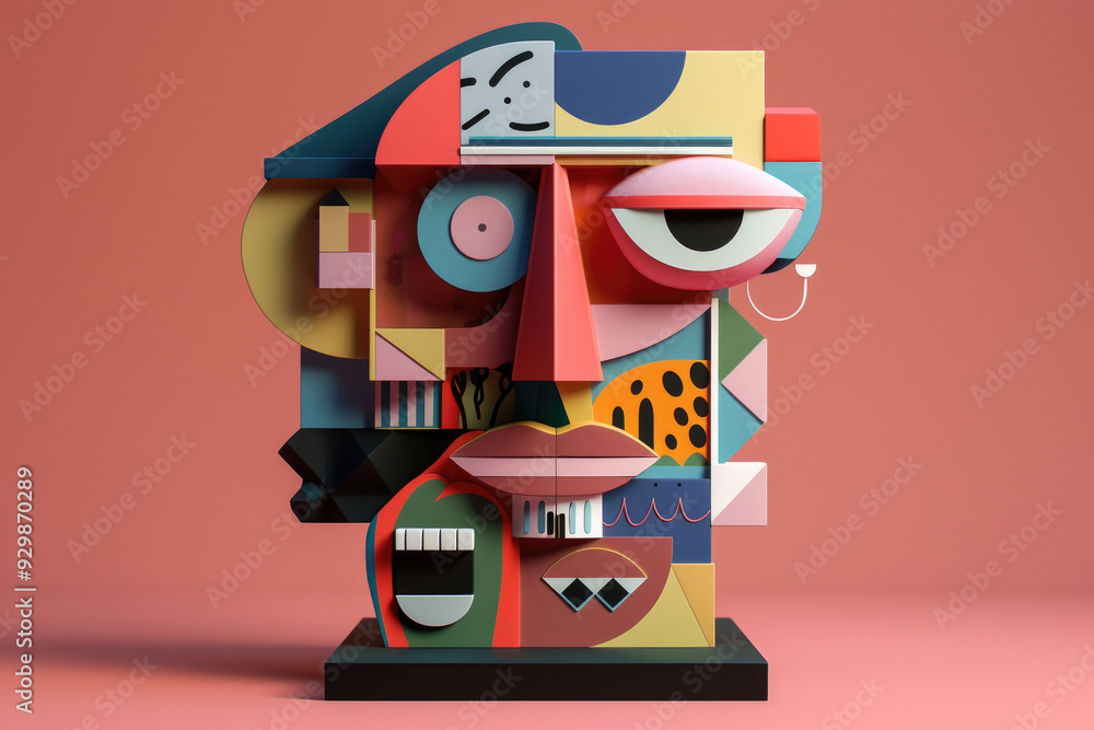 Poster abstract sculpture combines vibrant colors and geometric shapes to form a unique face and expressive