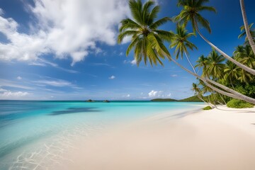 A tropical paradise with crystal clear water palm trees swaying in the breeze and a pristine sandy, AI Generated