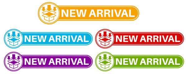 set trendy colorful new arrival icon sign. comes new product labels template sticker design vector illustration