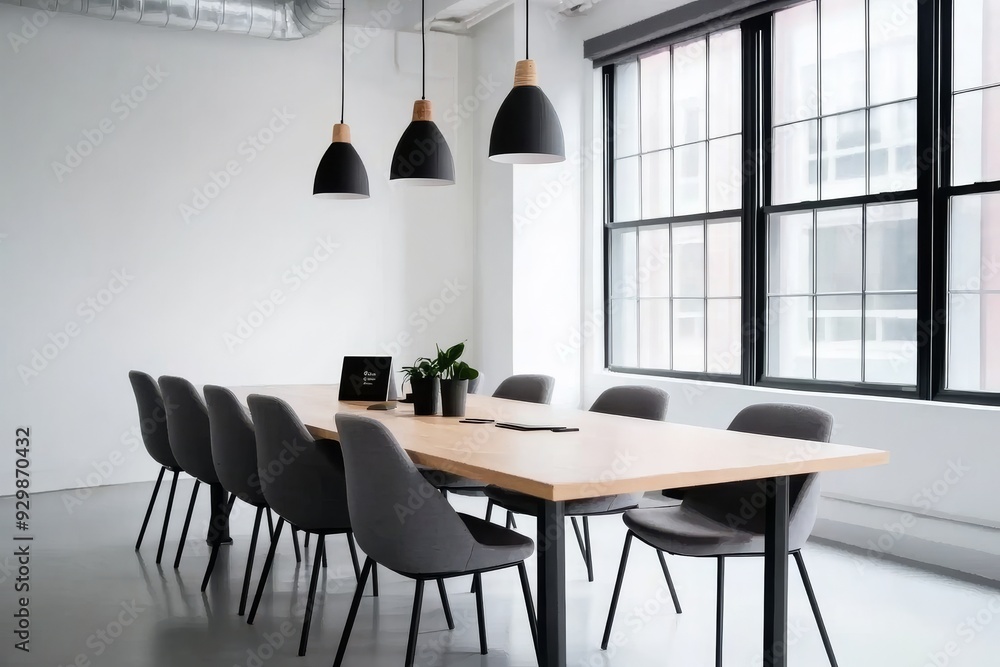 Wall mural Sleek and minimalist conference room with a long wooden table