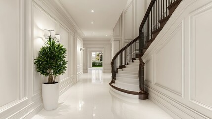 White hallway with a wooden staircase and a green plant in a pot.