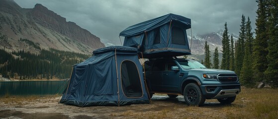 Overlanding Adventure, Truck with Roof Top Tent and Ground Tent in Mountain Setting