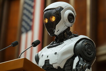 A humanoid robot giving a speech at a podium with an American flag backdrop, symbolizing AI leadership and futuristic technology.






