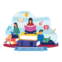 Happy Literacy Day. Young People celebrate Literacy Day by reading books. Flat vector modern illustration