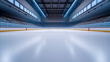 Obraz premium The interior of an ice hockey arena with the lighted stands filled, and the ice rink visible