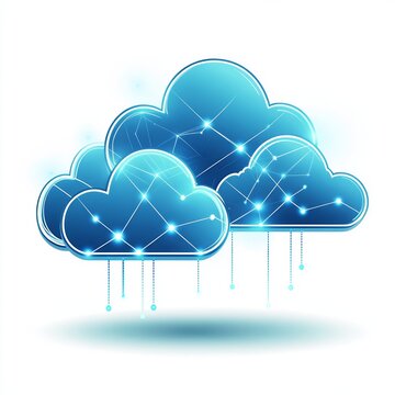 Digital illustration of interconnected blue cloud with glowing network structure, representing cloud computing and data storage technology.