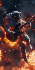 Fototapeta premium Astronaut is floating in space surrounded by cosmic fire playing an electric guitar