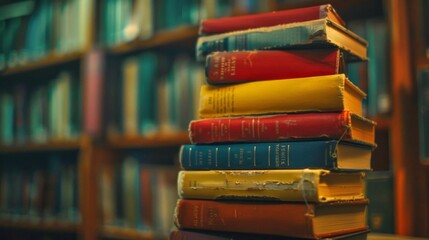 A vibrant stack of worn books sits in focus. Each book tells a story and invites exploration. The background blurs with shelves of knowledge. Perfect for book lovers and educational themes. AI