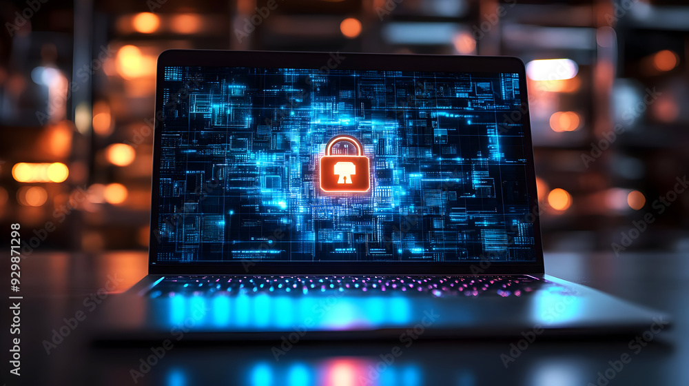 Poster laptop displaying a digital lock symbol on a tech-themed background.