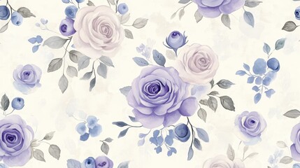 A floral pattern featuring soft purple roses and leaves on a light background.