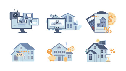 Real estate scenes. Video review of different houses, online sale of buildings with a discount or mortgage loan. Eco home, vector flat concept