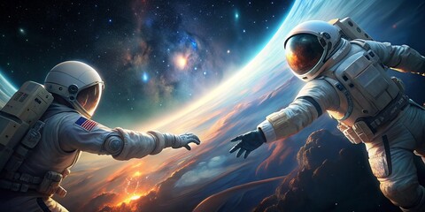 5K Realistic 3D Illustration of Astronauts Touching Hands in Deep Space