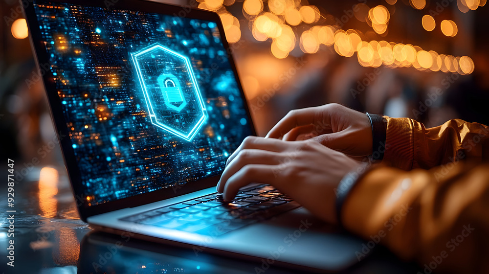 Aufkleber laptop displaying cybersecurity graphics with hands typing.