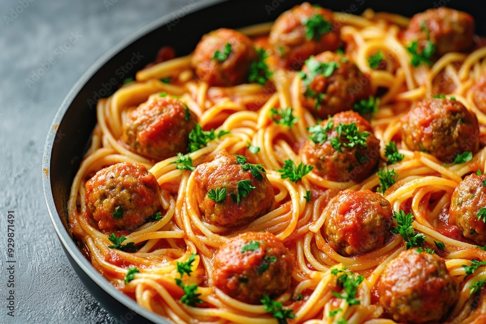 Poster Spaghetti and Meatballs in Pan