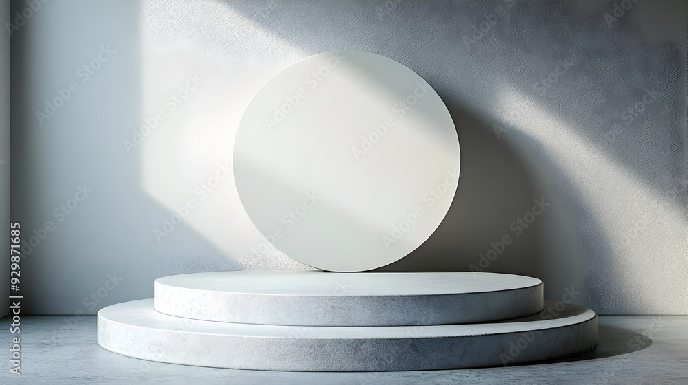 Poster minimalist display with a circular object on a tiered platform.