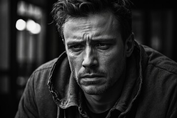 Black and white close-up portrait of pensive man