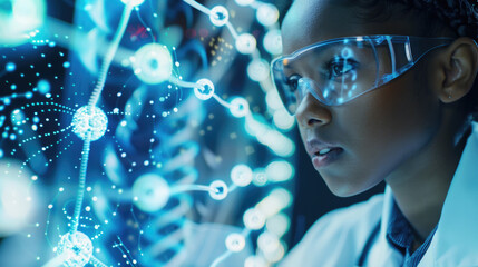 A young scientist examines molecular structures using advanced technology in a lab environment