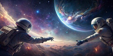 5K Realistic 3D Illustration of Astronauts Touching Hands in Deep Space
