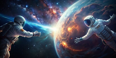 5K Realistic 3D Illustration of Astronauts Touching Hands in Deep Space