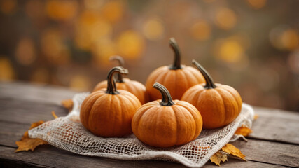 Mini pumpkins in a mesh bag on a wooden background. Colorful autumn composition for Thanksgiving or Halloween