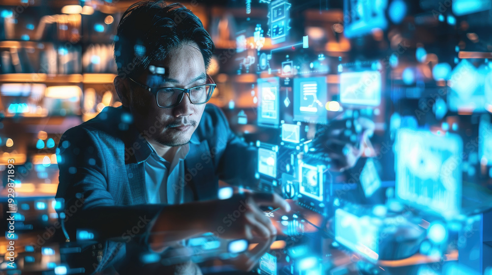 Aufkleber a person is focused on interacting with digital data displays in a tech-savvy workspace