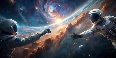 5K Realistic 3D Illustration of Astronauts Touching Hands in Deep Space