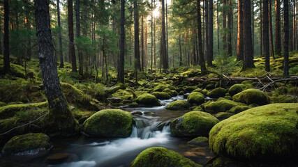 Serene forest stream with moss-covered rocks and sunlight filtering through the tall pine trees.