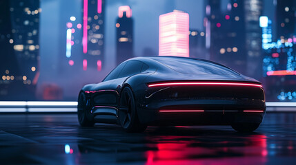 Fototapeta premium A sleek, modern electric car parked in front of a futuristic cityscape at night, illuminated by neon lights reflecting off its surface, photo