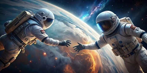 5K Realistic 3D Illustration of Astronauts Touching Hands in Deep Space